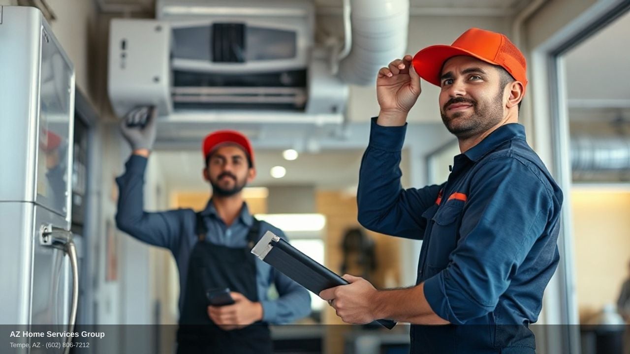 HVAC repair experts servicing air conditioning system in Tempe home during extreme Arizona heat